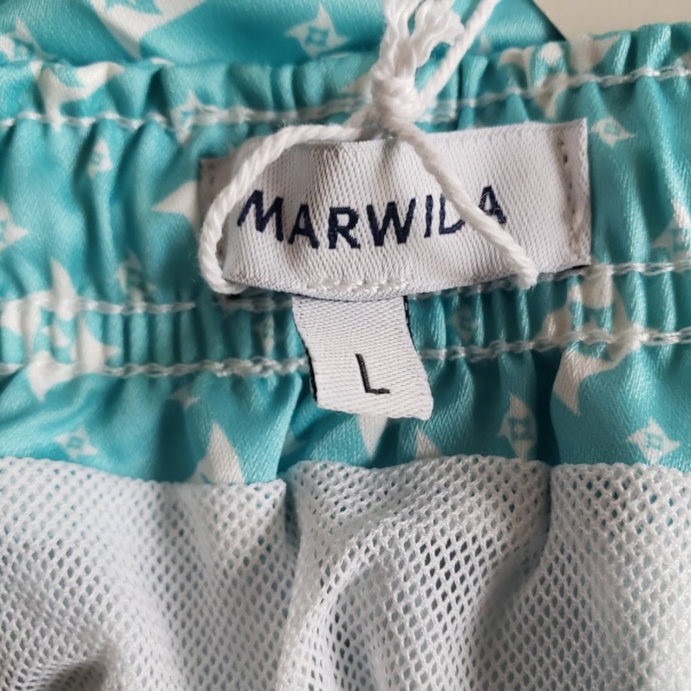 Marwida Mens Swim Trunks Large Aqua Star Luxury Recycled Fabric Pockets NEW - Picture 6 of 11